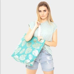 Tropical Leaf Print Tote Bag - Teal and White